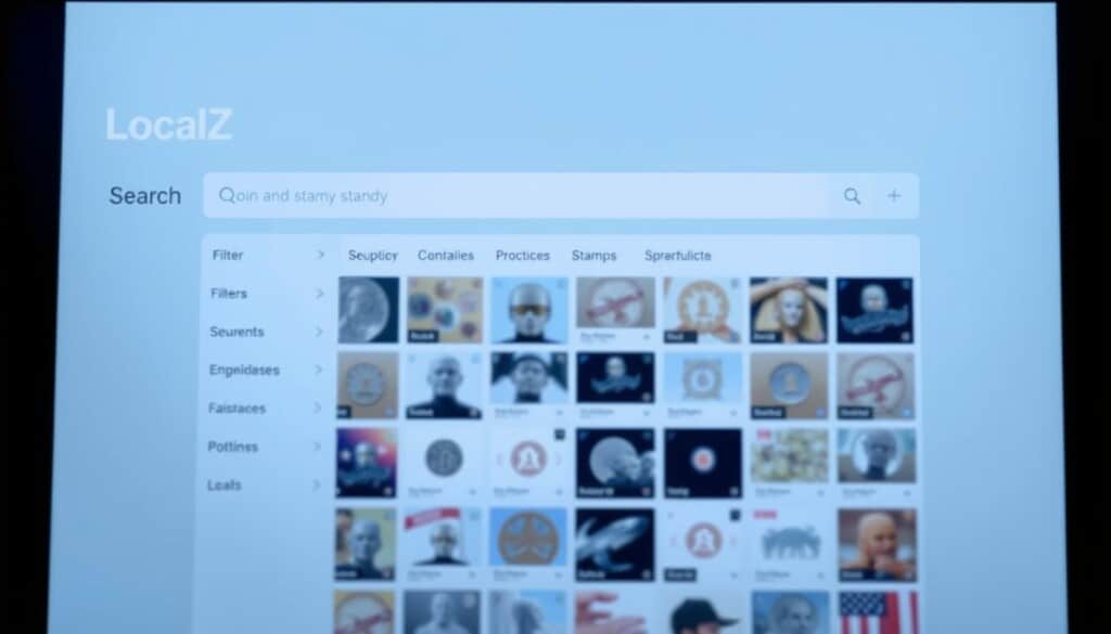 A user-friendly interface with a clean, intuitive layout showcasing LocalZ's robust search features. In the foreground, a modern search bar and filter options allow seamless navigation. The middle ground features a grid of thumbnail results, each displaying relevant product details. In the background, a subtle gradient or texture sets a professional, high-quality tone. Soft, directional lighting creates depth and highlights key interface elements. The overall mood is one of efficiency, accessibility, and a premium user experience tailored for coin and stamp dealers.