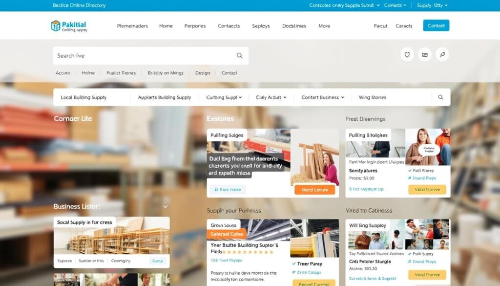 A user-friendly online directory showcasing a diverse selection of local building supply businesses. The foreground features a clean, intuitive interface with clear categories and search functionality, inviting users to easily navigate and discover the products and services they need. The middle ground depicts various well-curated business listings, each with detailed information, customer reviews, and convenient contact options. The background subtly conveys a sense of community, with a warm, natural palette and imagery of thriving local enterprises, highlighting the platform's commitment to supporting the local building supply ecosystem. The overall atmosphere is one of accessibility, trust, and a seamless online-to-offline experience for both consumers and businesses.