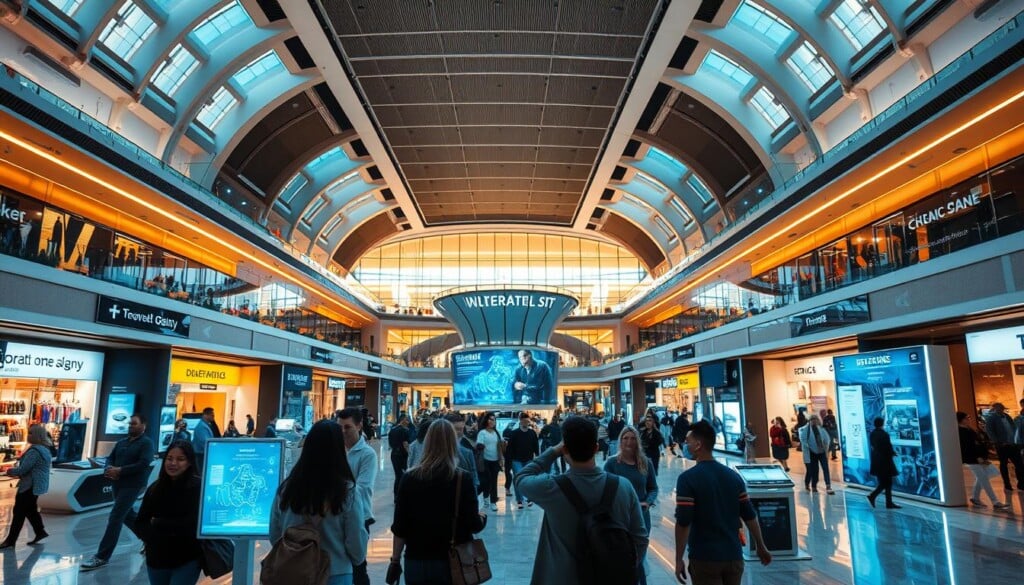 A vast, bustling shopping mall, its expansive interior bathed in warm, diffused light from towering skylights. Throughout the space, the latest technological innovations are seamlessly integrated - sleek digital displays showcase products, self-checkout kiosks streamline the purchasing process, and interactive touchscreens guide customers to their desired destinations. In the foreground, a group of shoppers engages with a holographic product demonstration, their faces alight with wonder. The middle ground features a central atrium, where a futuristic information hub stands, its curved screens radiating data and connectivity. In the background, the mall's exterior is visible through large windows, showcasing the integration of modern architecture and cutting-edge tech, creating a harmonious and immersive shopping experience.