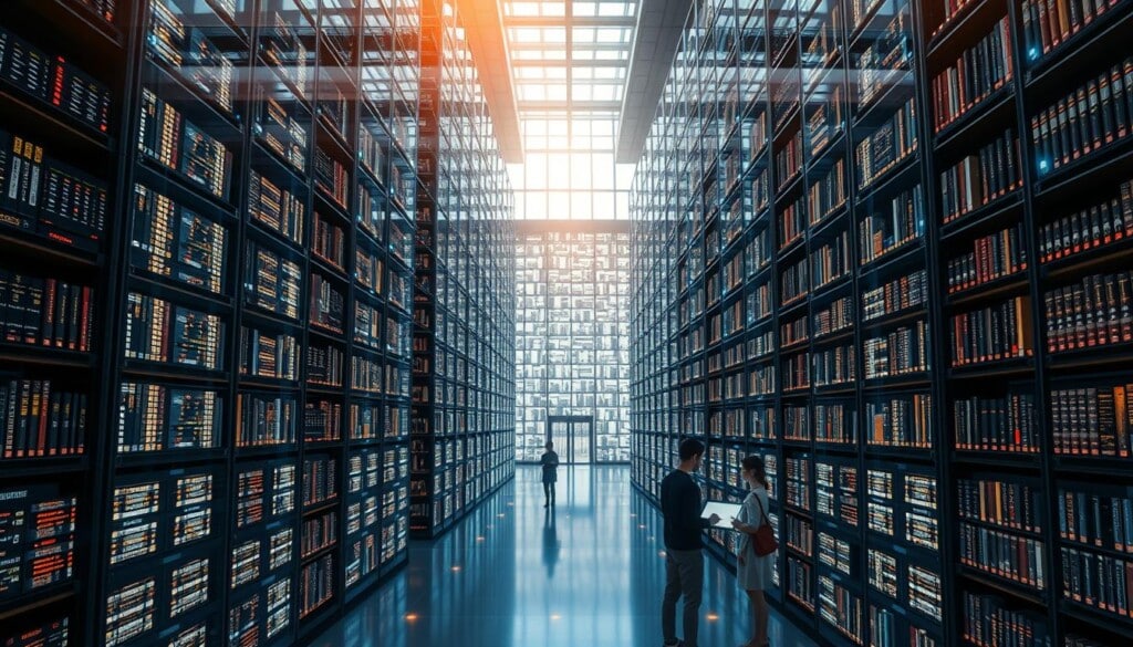 A vast digital library, its shelves brimming with endless streams of data. Towering server stacks emit a soft hum, their LED displays flickering with activity. Rays of warm ambient light filter through expansive windows, illuminating the sleek, minimalist interiors. Holographic interfaces flicker to life, granting users access to a boundless trove of digital knowledge. The air is charged with a sense of intellectual discovery, as researchers and students navigate the digital stacks, their fingers dancing across touchscreens. Beneath the surface, intricate algorithms work tirelessly, cataloging and cross-referencing a never-ending flow of information, creating a seamless, interconnected digital ecosystem.