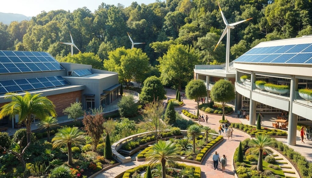 A vast, eco-friendly factory outlet mall sits nestled amidst lush, verdant gardens. The sleek, modern buildings are adorned with solar panels and wind turbines, harnessing renewable energy. Shoppers stroll along the winding pathways, admiring the vibrant, sustainable landscaping and water features. Repurposed, upcycled materials are incorporated into the architecture, creating a harmonious fusion of nature and technology. Sunlight filters through the canopy of trees, casting a warm, inviting glow over the scene. Shoppers browse eco-friendly fashion and home goods, feeling a sense of environmental responsibility as they discover fantastic deals. An atmosphere of conscious consumption and environmental stewardship permeates this sustainable shopping oasis.