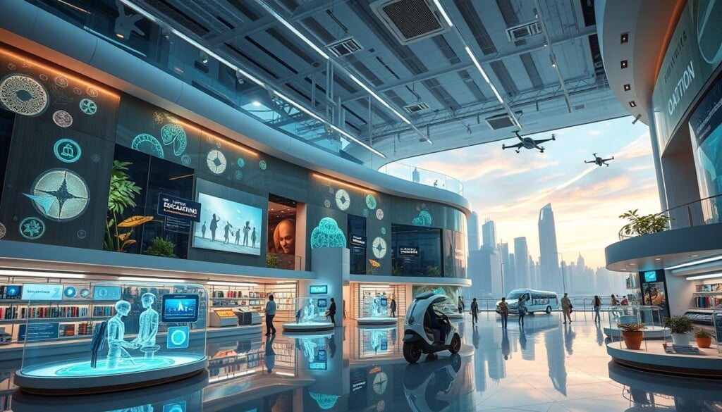 A vast, futuristic education store stands in a gleaming, high-tech cityscape. Holographic displays showcase interactive learning modules, while AI-powered assistants guide visitors through personalized educational experiences. The store's interior is a harmonious blend of natural and digital elements, with biophilic design features and seamless integration of virtual and augmented reality technologies. Ambient lighting and clean, minimalist aesthetics create a calming, focused atmosphere for exploration and discovery. In the distance, autonomous vehicles and drone-enabled deliveries hint at the store's efficient, data-driven logistics. This is the future of education, where learning is personalized, immersive, and seamlessly woven into the fabric of our digital lives.