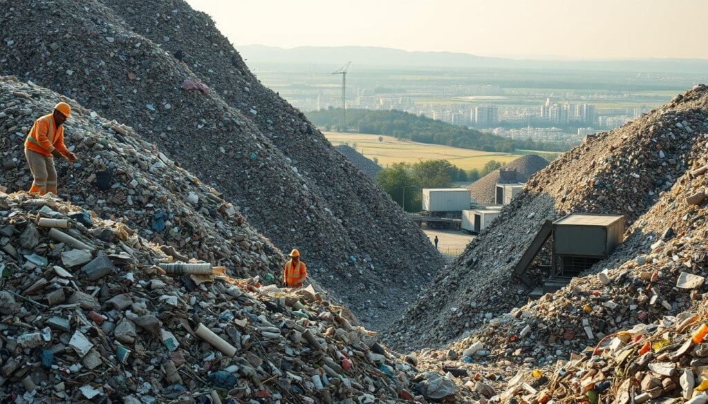 A vast landfill landscape, with towering mounds of discarded waste being meticulously sorted and processed. In the foreground, workers in protective gear diligently sift through the debris, carefully extracting recyclable materials. The middle ground reveals industrial-scale machinery, compacting and shredding the refuse, while in the background, a serene cityscape emerges, suggesting the successful integration of eco-friendly waste management into the urban environment. Diffused natural light filters through the scene, casting warm, hopeful tones and conveying a sense of progress and environmental responsibility.