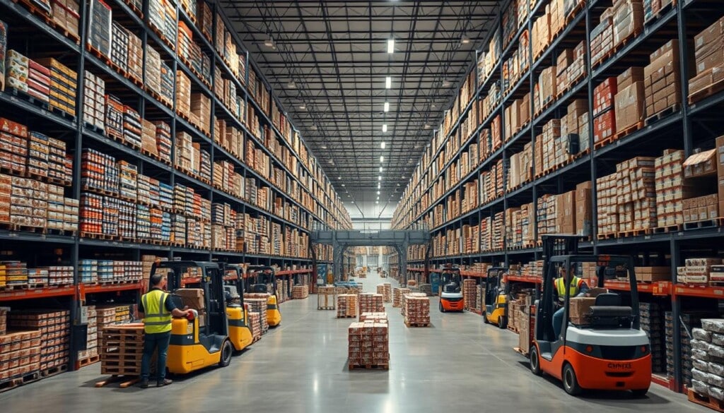 A vast, modern warehouse filled with towering shelves stocked with a diverse array of food products. In the foreground, workers wearing bright safety vests efficiently load pallets onto sleek, automated forklifts. Soft, diffused lighting illuminates the scene, casting gentle shadows and highlighting the organized chaos of the distribution center. In the middle ground, a network of conveyor belts and robotic arms whir to life, seamlessly moving goods from one section to another. In the background, a panoramic view of the facility reveals the scale and technological sophistication of the food distribution operation, poised to meet the growing demands of the future.