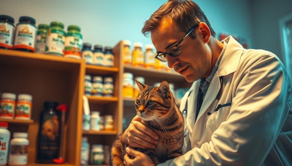 A veterinarian in a crisp white coat carefully examines a tabby cat, gently checking its vital signs. The clinic's warm lighting illuminates the scene, casting a comforting glow. In the background, shelves brimming with pet nutrition supplements and remedies suggest the importance of holistic care. The veterinarian's attentive expression conveys a deep dedication to the animal's well-being, highlighting the expertise required to ensure the pet's optimal health and vitality.