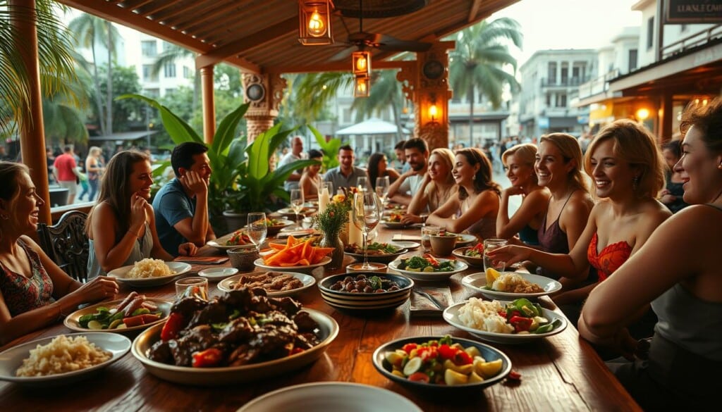 A vibrant Brazilian dining scene, bathed in warm, golden lighting. In the foreground, a long wooden table is adorned with a colorful array of traditional dishes - sizzling picanha, fragrant feijoada, and crisp, fresh salads. Across the table, friends and families converse animatedly, their laughter and chatter filling the air. The middle ground features a backdrop of lush, tropical greenery, and ornate, intricately carved furniture. In the background, a large, open-air patio overlooks a bustling city street, where the sounds of samba music and the aroma of grilled meats mingle together, creating an immersive, authentic Brazilian ambiance.