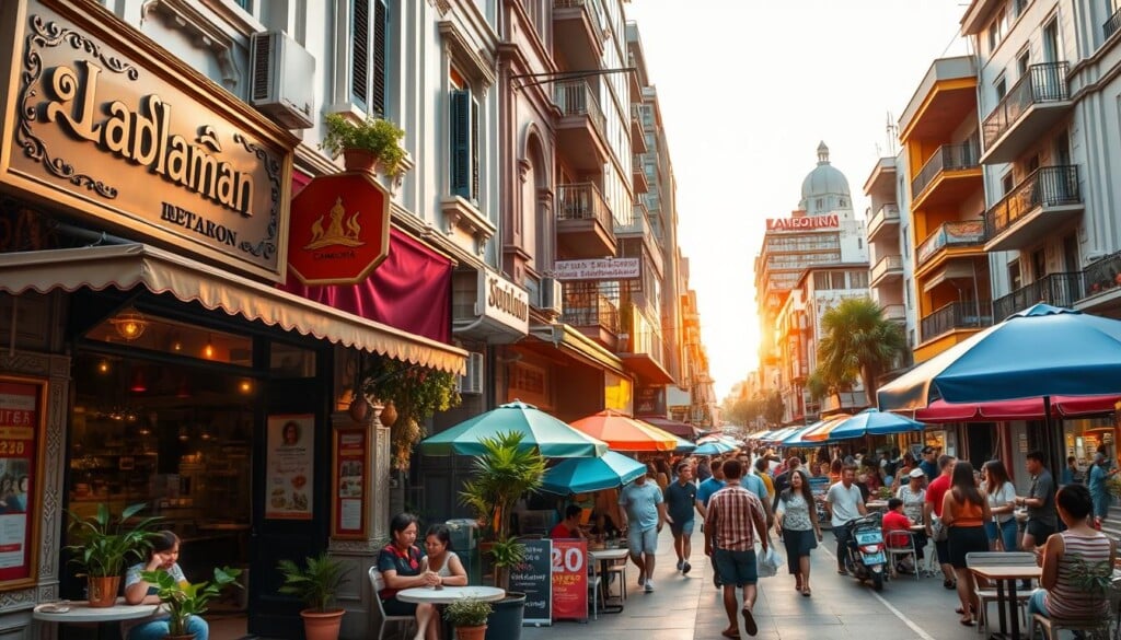 A vibrant Cambodian restaurant set in a bustling urban streetscape. In the foreground, a charming shopfront with detailed signage, potted plants, and traditional decor beckons passersby. The middle ground features lively foot traffic, with people dining al fresco at small tables under colorful umbrellas. Beyond, a mix of modern and historic buildings line the street, their facades bathed in warm, golden light from the setting sun. The atmosphere is one of cultural authenticity, inviting exploration and discovery of Cambodian culinary delights.
