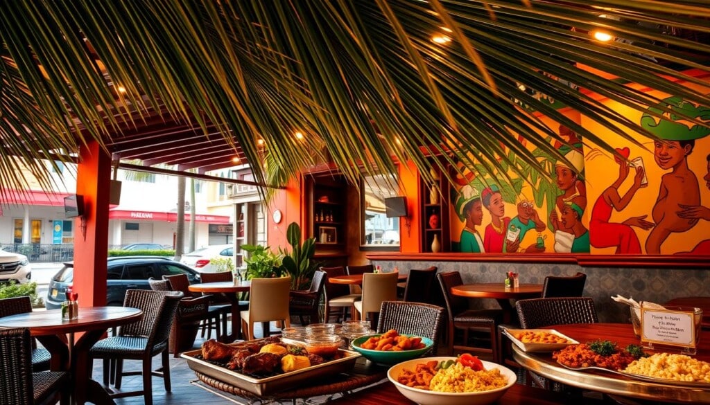 A vibrant Caribbean eatery nestled in the heart of Miami's bustling streets. Warm, tropical hues cast a welcoming glow across the open-air patio, where wooden tables and wicker chairs invite diners to savor the island flavors. In the foreground, a colorful display of authentic Caribbean dishes tempts the senses - from jerk chicken sizzling on the grill to fragrant curries and rice and peas. Overhead, swaying palm fronds create dappled shadows, while the background showcases a lively mural depicting the rich cultural heritage of the Caribbean. The scene exudes a laidback, convivial atmosphere, perfectly capturing the spirit of Miami's best Caribbean food destinations.