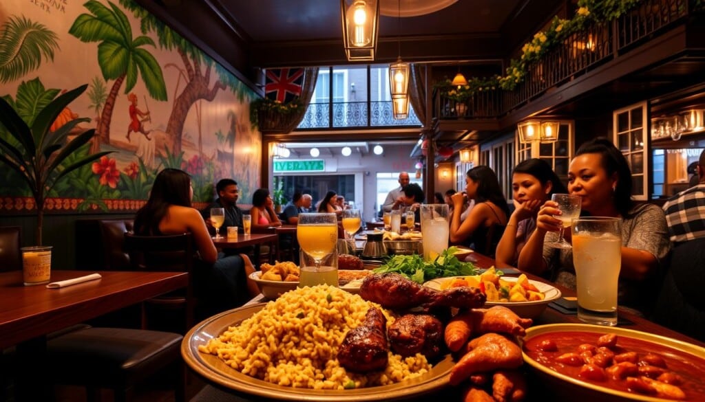 A vibrant Caribbean-inspired dining scene in the heart of New Orleans. A cozy, dimly-lit restaurant with a lively atmosphere. Wooden tables and chairs, colorful tropical plants, and intricate wall murals depicting Caribbean island life. In the foreground, a sumptuous feast of jerk chicken, rice and peas, fried plantains, and spicy seafood gumbo. Patrons engaged in lively conversation, sipping on rum cocktails. Soft, warm lighting illuminates the scene, casting a welcoming glow. The background reveals the distinctive architecture of the French Quarter, with wrought-iron balconies and historic buildings. An authentic fusion of Caribbean and Creole cultures, creating a unique and captivating dining experience.