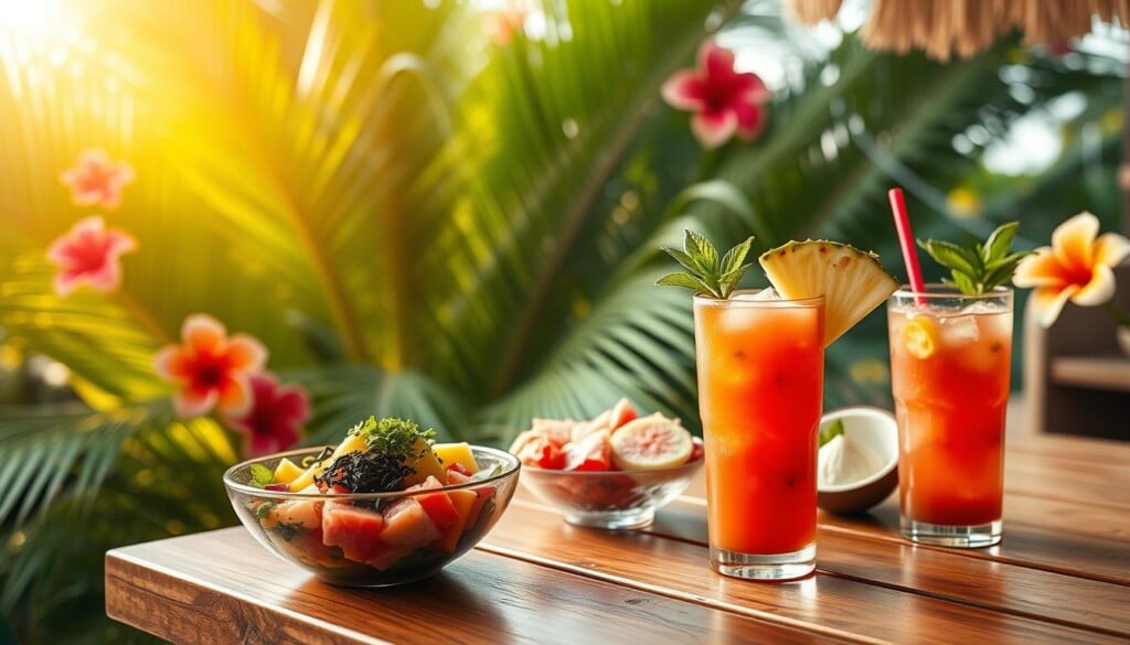 A vibrant Hawaiian-inspired scene, featuring an array of traditional dishes and beverages. In the foreground, a wooden table is set with a poke bowl, topped with fresh sashimi, seaweed, and vibrant tropical fruits. Alongside, a glass of refreshing passion fruit iced tea, garnished with a slice of pineapple and a sprig of mint. In the middle ground, a lush, verdant backdrop of palm fronds and hibiscus flowers, bathed in warm, golden sunlight. The atmosphere evokes a sense of laid-back island living, with a soft, diffused focus to draw the viewer's attention to the delectable food and drink pairing. Captured with a wide-angle lens to showcase the harmonious composition of the scene.