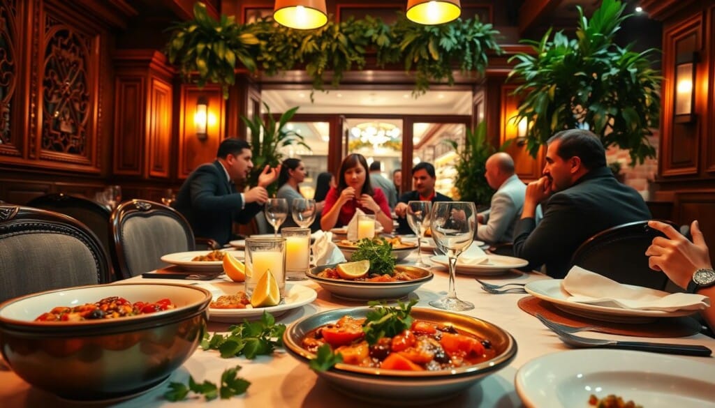 A vibrant Lebanese restaurant interior, bathed in warm amber lighting. In the foreground, a meticulously set table with traditional dishware, garnished with fresh herbs and lemon wedges. In the middle ground, patrons engaged in lively conversation, gesturing with hands as they savor fragrant dishes. The background reveals the restaurant's facade, with intricate architectural details and lush potted plants framing the entryway. The overall atmosphere exudes a sense of cultural authenticity, inviting the viewer to immerse themselves in the rituals of Lebanese dining etiquette.