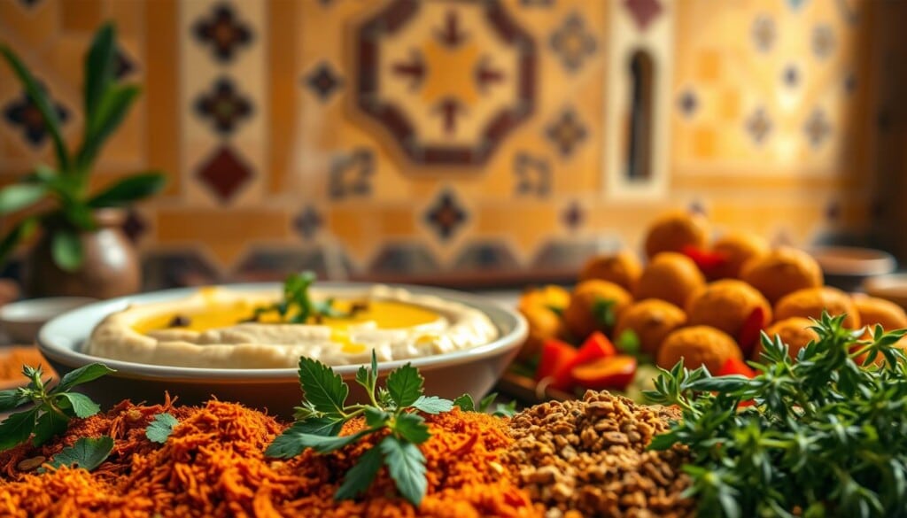 A vibrant Middle Eastern-inspired scene, photographed with a wide-angle lens. In the foreground, an array of colorful, aromatic spices and herbs - cumin, coriander, cardamom, and fragrant saffron. In the middle ground, a steaming platter of freshly-prepared mezze - creamy hummus, tangy tabbouleh, and crisp falafel. The background features an elegant, tiled wall in warm, earthy tones, evoking the timeless architecture of the region. Soft, diffused lighting casts a golden glow, creating an inviting and authentic atmosphere. The composition and rich, sensory details capture the allure and appeal of Middle Eastern cuisine.