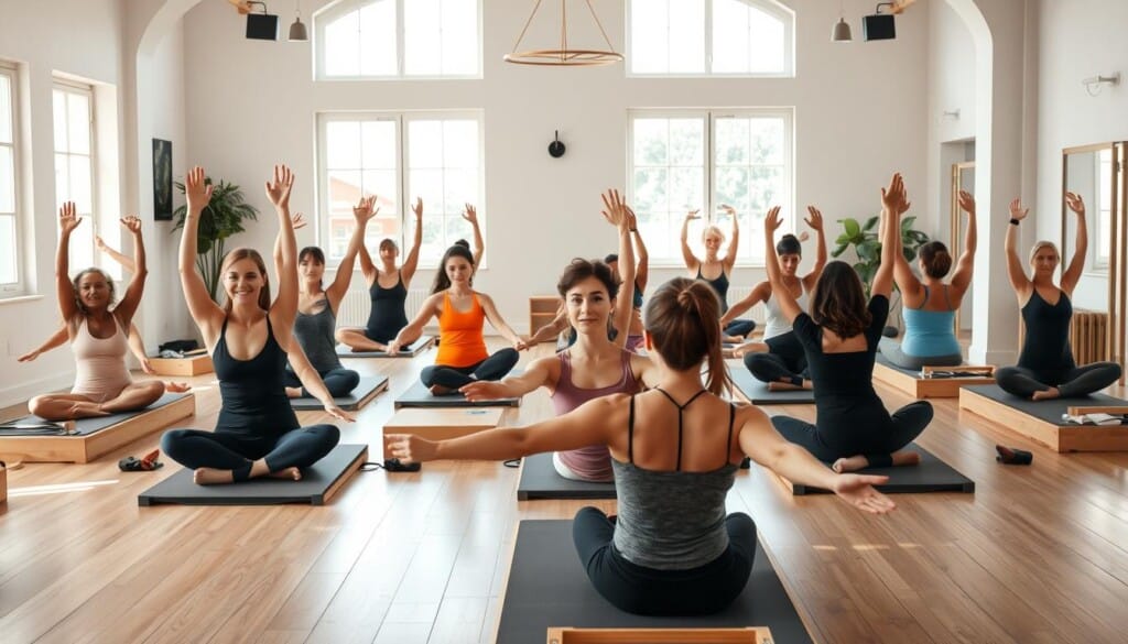 A vibrant Pilates studio filled with a diverse community of practitioners, showcased in a well-lit, airy, and inviting setting. The foreground depicts a group of individuals in various Pilates poses, their expressions serene and focused, emanating a sense of connection and camaraderie. The middle ground features an instructor guiding the class, their movements fluid and graceful, serving as a beacon of inspiration. The background captures the studio's serene ambiance, with natural light streaming through large windows, complemented by minimalist decor and soothing color palettes that evoke a sense of tranquility and mindfulness.