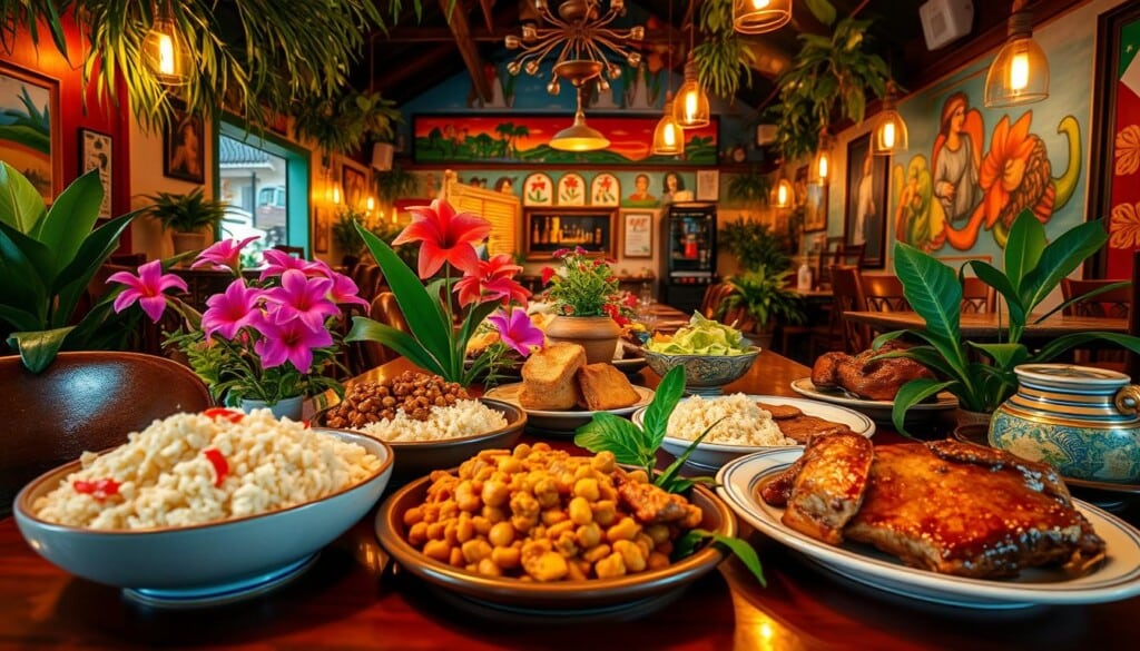 A vibrant Puerto Rican dining experience unfolds before you. In the foreground, a lively table is set with traditional dishes - fragrant rice and pigeon peas, flavorful alcapurrias, and juicy roasted pork. Vibrant tropical flowers and lush greenery adorn the scene, creating a lush, inviting atmosphere. Warm, golden lighting casts a soft glow, reflecting off the polished wood surfaces and traditional ceramics. In the background, colorful murals and vibrant artwork line the walls, transporting you to the vibrant culture of Puerto Rico. The overall mood is one of joyful celebration, where the senses are immersed in the rich flavors, colors, and energy of a true Puerto Rican culinary experience.