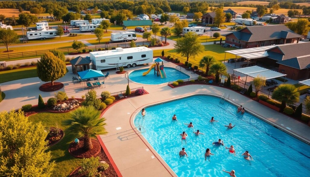 A vibrant RV park nestled in a serene countryside, showcasing its extensive amenities. In the foreground, a sparkling swimming pool with families enjoying the refreshing waters, surrounded by lush greenery and well-maintained landscaping. The middle ground features a modern, well-equipped playground, where children's laughter echoes. In the background, a state-of-the-art fitness center and a cozy community center come into view, inviting guests to explore the park's diverse recreational offerings. The entire scene is bathed in warm, golden sunlight, capturing the welcoming and relaxing atmosphere of this premier RV destination.