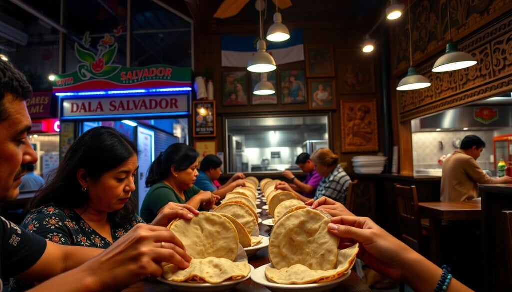 A vibrant Salvadoran restaurant, its storefront adorned with the national flag and colorful murals, stands as a beacon of local pride. In the foreground, diners savor pupusas, the beloved national dish, their hands gently guiding the warm, stuffed masa discs to eager mouths. Soft, ambient lighting casts a welcoming glow, highlighting the restaurant's cozy, family-owned atmosphere. Intricate wood carvings and vibrant textiles decorate the walls, reflecting the rich cultural heritage. Beyond the dining area, the bustling kitchen can be glimpsed, where chefs skillfully prepare traditional Salvadoran specialties using locally sourced ingredients. This scene encapsulates the essence of supporting local Salvadoran businesses, fostering a sense of community and preserving cherished culinary traditions.