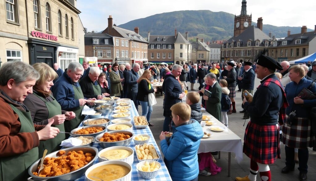 A vibrant Scottish food festival unfolds in the bustling town square, where locals and visitors mingle amidst the aroma of traditional dishes. In the foreground, a group of enthusiastic cooks presents an array of hearty haggis, rich Cullen skink, and buttery shortbread, engaging the community with delectable samples and stories. In the middle ground, families gather around long tables, savoring the flavors and camaraderie, while kilted musicians serenade the crowd with lively folk tunes. In the background, historic buildings and a towering highland backdrop set the stage for this celebration of Scottish culture and cuisine, fostering a sense of unity and pride.