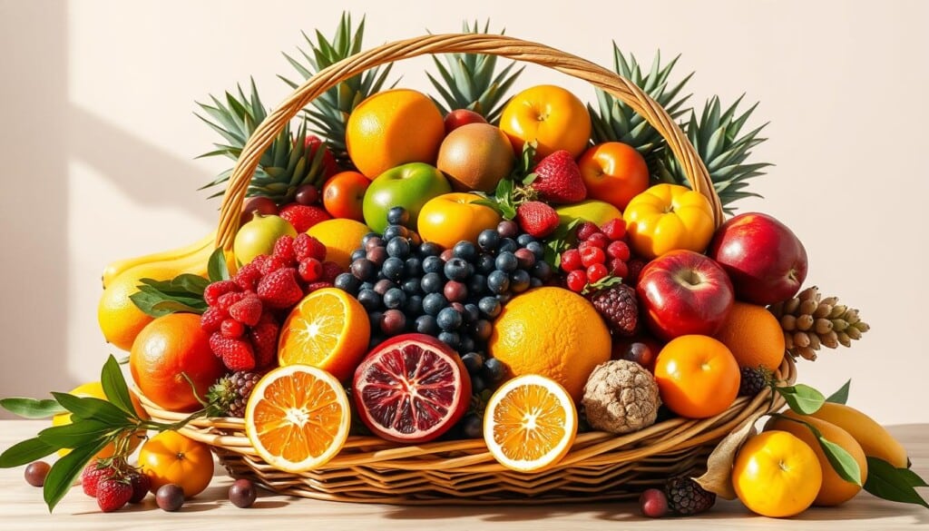 A vibrant and artfully curated specialty fruit basket, showcasing an array of exotic and locally-sourced produce. In the foreground, a wicker basket overflows with a bountiful selection of ripe, glistening fruits - juicy citrus, lush berries, crisp apples, and fragrant tropical delights. Arranged with care, the basket's contents create a visually striking composition, accentuated by the warm, natural lighting casting soft shadows. In the background, a clean, airy studio setting with neutral tones allows the basket's vibrant colors to take center stage, conveying a sense of freshness and premium quality. Evocative of the unique offerings found at local specialty fruit basket shops, this image captures the allure and craftsmanship of these distinctive creations.