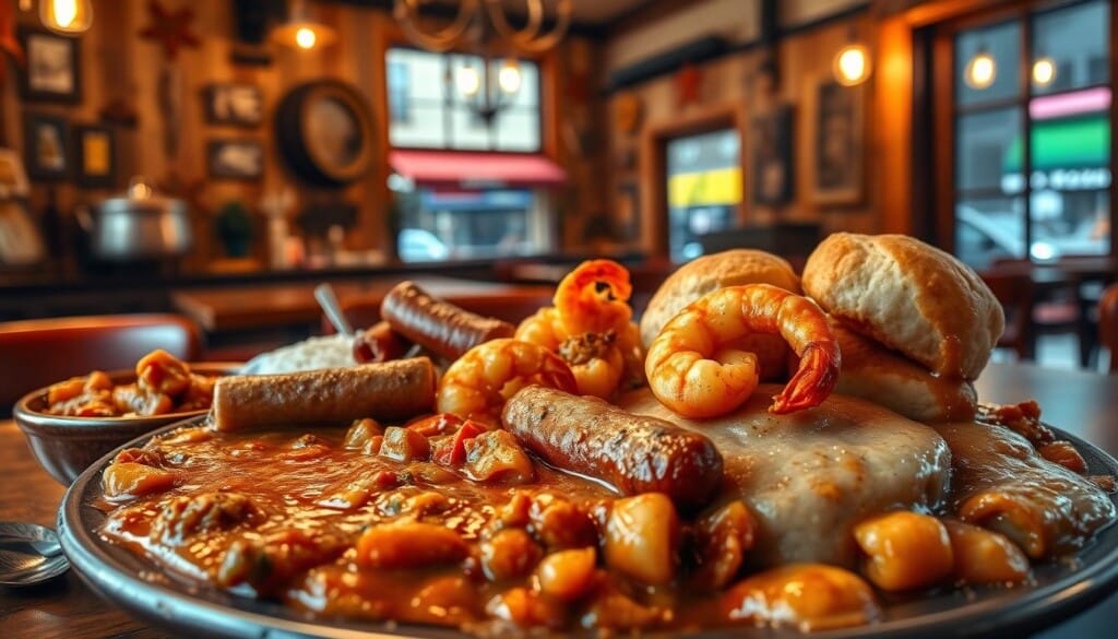 A vibrant and authentic Cajun feast unfolds before the viewer. In the foreground, a generous platter showcases a mouthwatering array of Cajun specialties - spicy gumbo, tender andouille sausage, juicy shrimp, and fluffy biscuits smothered in rich gravy. The middle ground reveals a cozy, rustic interior with weathered wood accents and wrought-iron fixtures, evoking the spirit of a beloved Cajun eatery beyond the borders of Louisiana. In the background, a window reveals a bustling street scene, hinting at the dynamic cultural influences that have shaped this evolving Cajun cuisine. Soft, warm lighting casts a inviting glow, drawing the viewer into this captivating culinary experience.