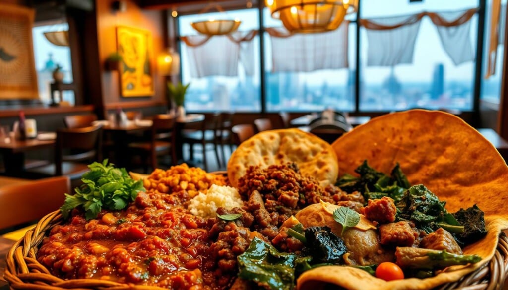 A vibrant and authentic Ethiopian feast, captured in a warm, inviting setting. In the foreground, an array of traditional dishes - spicy lentil stew, fragrant injera bread, and sautéed greens - arranged artfully on a hand-woven basket. Surrounding this, a middle ground of cozy, dimly lit restaurant interior, with wooden tables, woven wall hangings, and soft lighting casting a golden glow. In the background, the bustling city skyline, hinting at the diverse cultural tapestry of the location. The overall image radiates the rich flavors, aromas, and atmosphere of the best Ethiopian cuisine, drawing the viewer in to savor the experience.