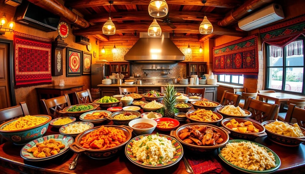 A vibrant and authentic Peruvian dining experience set in a cozy, rustic interior. In the foreground, a large communal table is adorned with colorful traditional tableware and an array of Peruvian dishes, including steaming ceviche, hearty lomo saltado, and fragrant arroz con pollo. The middle ground features an open kitchen where skilled Peruvian chefs expertly prepare the regional specialties. The background showcases vibrant Andean textiles, warm lighting, and wooden beams, creating an inviting and immersive atmosphere. The scene is captured with a wide-angle lens, emphasizing the depth and atmosphere of the space, with a soft, natural lighting that enhances the rich colors and textures of the Peruvian culinary delights.
