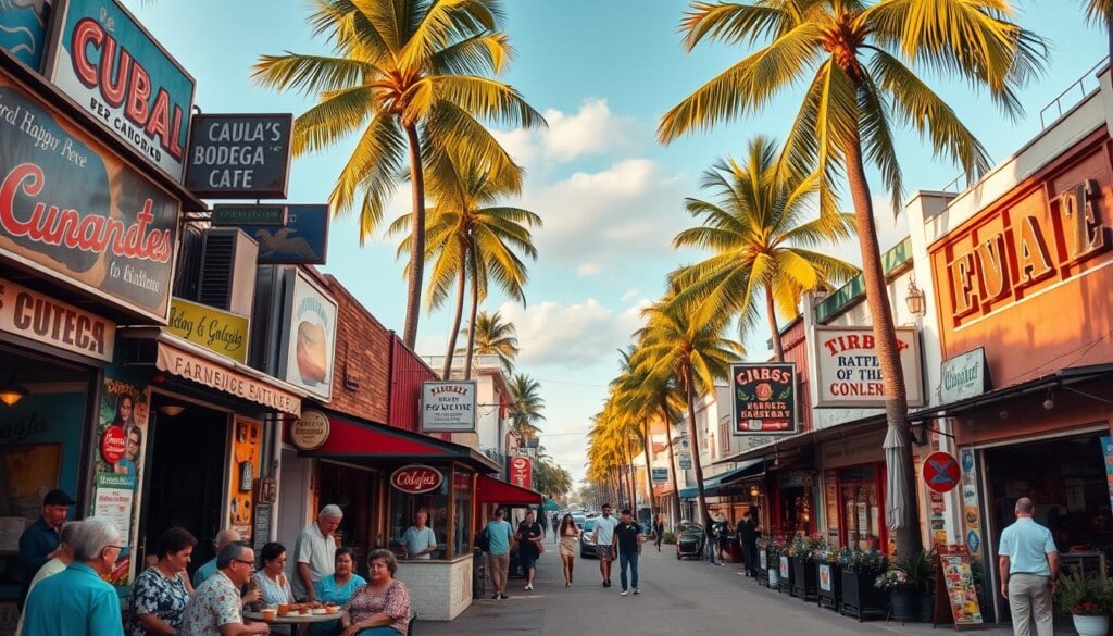 A vibrant and bustling Cuban neighborhood, with local storefronts adorned with colorful murals and neon signs. In the foreground, people are gathered around a small cafe, enjoying freshly brewed Cuban coffee and pastries. The middle ground showcases a diverse array of independent businesses, from a family-owned bodega to a lively salsa club. In the background, the streets are lined with towering palm trees, casting warm, golden light across the scene. The overall atmosphere conveys a sense of community, as residents and visitors alike support the local economy and celebrate the unique cultural heritage of the area.