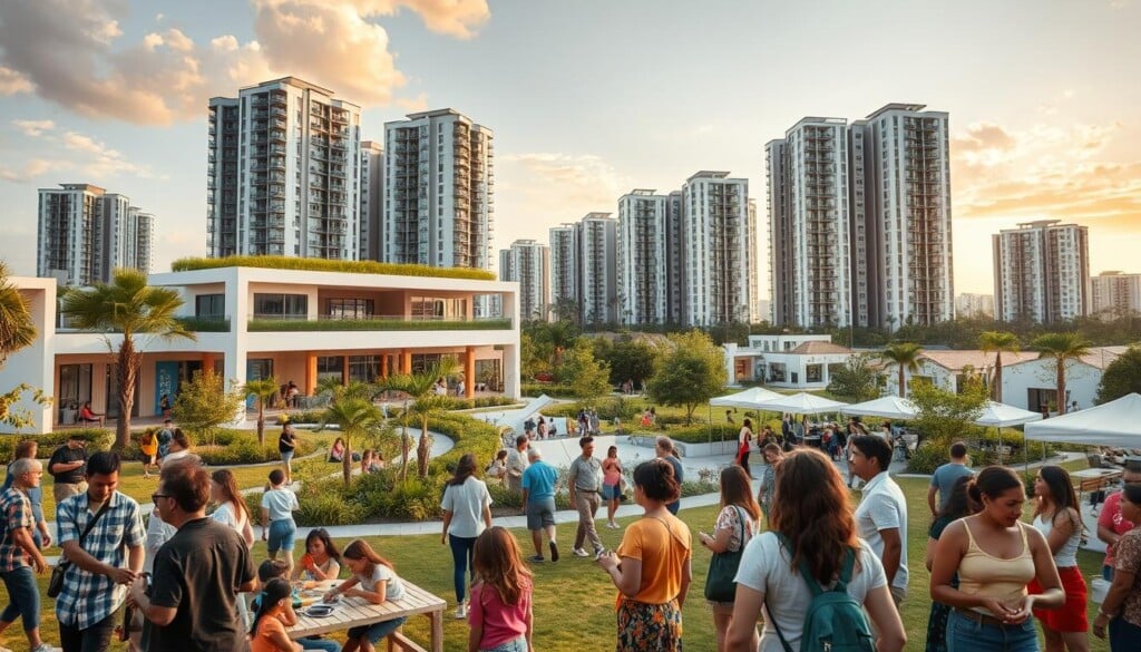 A vibrant and bustling community scene, captured with a wide-angle lens. In the foreground, a group of diverse individuals engaged in lively conversations and various activities - a family picnic, a group of friends playing outdoor games, and a local artisan market. The middle ground showcases a modern, eco-friendly community center with clean, minimalist architecture and abundant greenery. The background features a skyline of residential high-rises, their sleek, contemporary design complemented by the warm, golden hues of the setting sun. The overall atmosphere exudes a sense of harmony, connectivity, and a thriving local community spirit, perfectly embodying the impact of the "LocalZ" initiative.