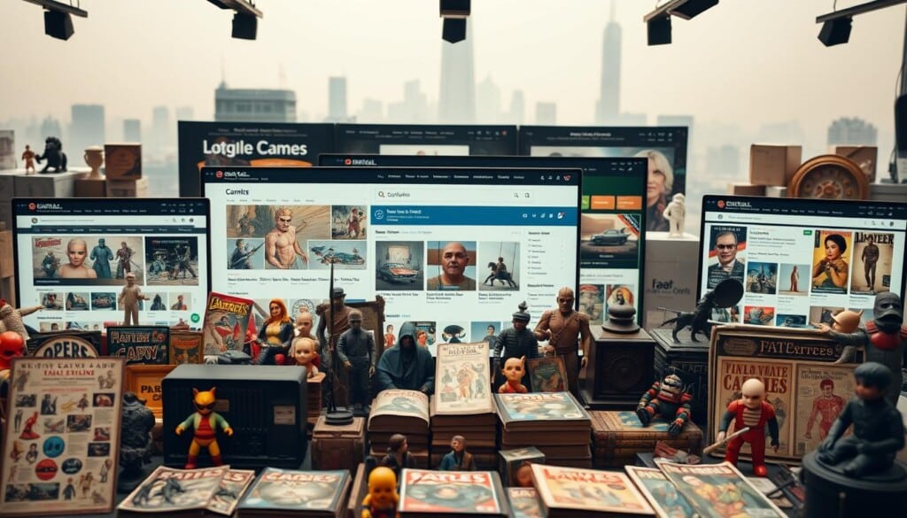 A vibrant and bustling online marketplace showcasing a diverse array of rare and collectible items. In the foreground, an array of vintage toys, antique figurines, and classic comic books are displayed with meticulous care, their unique details and weathered surfaces inviting closer inspection. The middle ground features sleek, modern interfaces of various online collectible stores, their product listings and user reviews conveying a sense of discovery and excitement. In the background, a hazy, minimalist cityscape suggests the global reach and interconnectedness of this thriving digital ecosystem. Soft, warm lighting and a muted color palette create an atmosphere of nostalgic charm and timeless allure, reflecting the timeless appeal of these one-of-a-kind treasures.