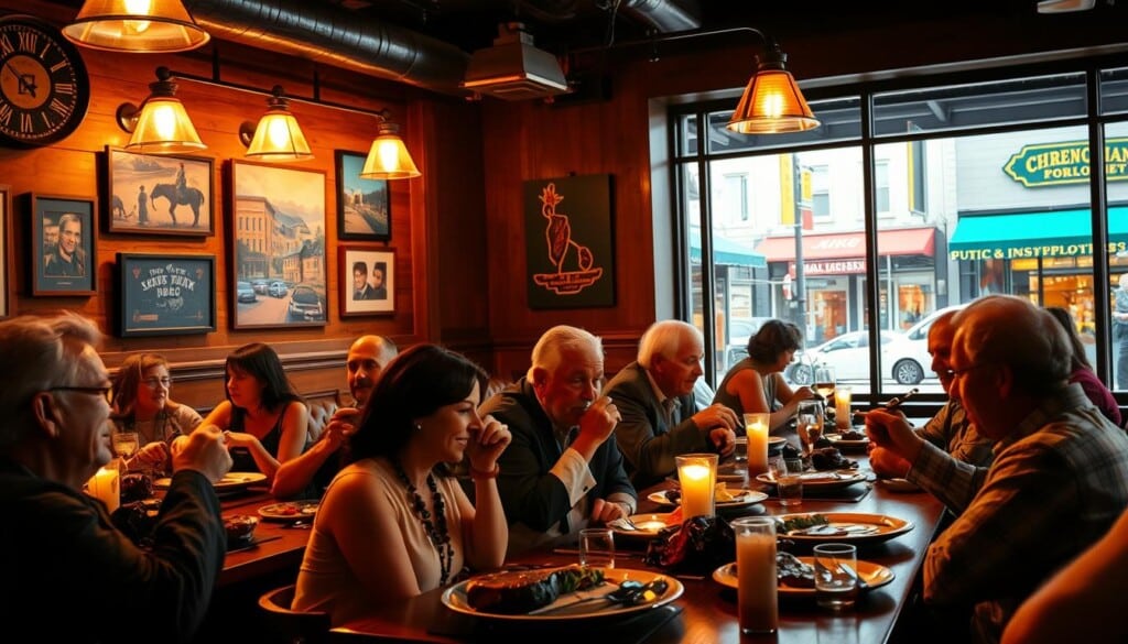 A vibrant and bustling steak house, its warm lighting casting a cozy glow over the intimate dining space. In the foreground, a group of diners savor tender, expertly-grilled steaks, their faces alight with joy and satisfaction. The middle ground showcases the restaurant's decor - rustic wood accents, vintage-inspired lighting fixtures, and local artwork adorning the walls, all contributing to a welcoming, community-centric ambiance. In the background, the restaurant's large windows offer a glimpse of the thriving, pedestrian-friendly street outside, where small, independent businesses line the sidewalks, supporting the local economy. The overall scene conveys a sense of pride and investment in the community, where a delicious steak dining experience is both a personal indulgence and a way to uplift the neighborhood.