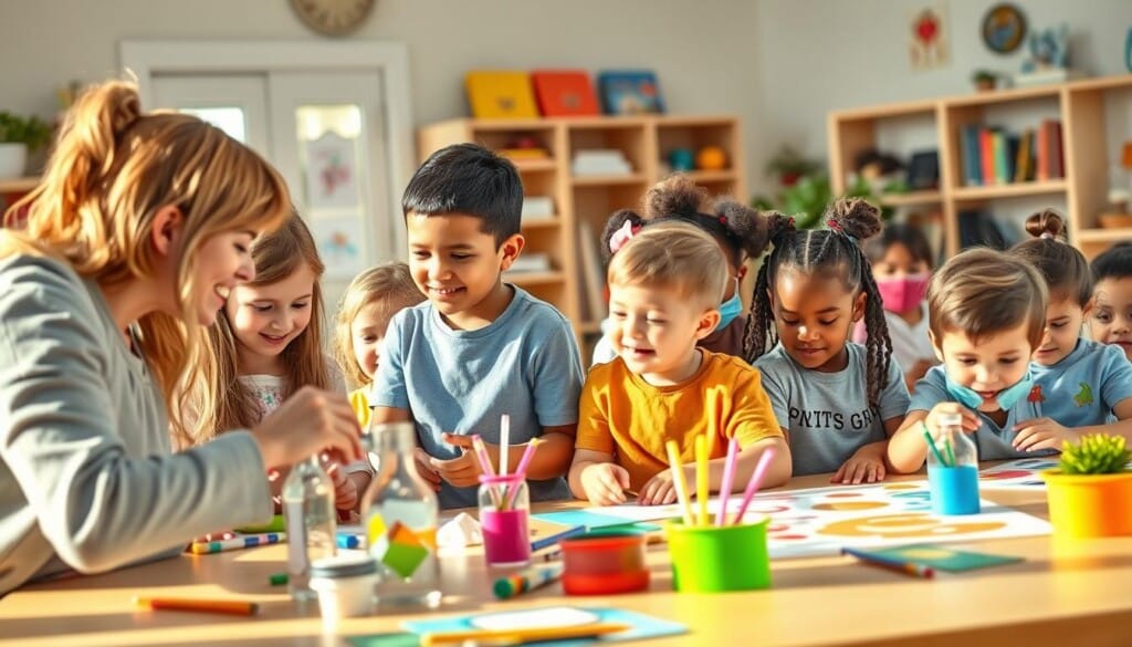 A vibrant and cheerful preschool classroom, with a diverse group of young children engaged in various educational activities. In the foreground, a teacher guides a group of excited students in a hands-on science experiment, their curious expressions captured in warm, natural lighting. The middle ground features an art station where children are immersed in creating colorful masterpieces, their small hands skillfully manipulating painting supplies. In the background, a cozy reading nook invites children to curl up with storybooks, surrounded by a serene and inviting atmosphere. The overall scene exudes a sense of discovery, learning, and the joy of early education.