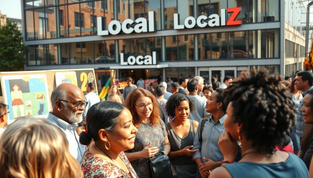 A vibrant and dynamic community gathering in a bustling urban setting. In the foreground, a diverse group of people engaged in animated discussions, their expressions lively and their gestures energetic. The middle ground features an array of community-focused activities, such as an art display, a local produce market, and a children's play area. The background is framed by a modern, glass-walled building with a prominent sign reading "LocalZ" - a hub for neighborhood connections and civic engagement. The scene is bathed in warm, golden light, creating an atmosphere of warmth, inclusivity, and a sense of community empowerment.