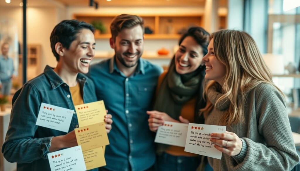 A vibrant and dynamic customer feedback scene. In the foreground, a trio of customers enthusiastically sharing their experiences, their expressions animated and engaging. In the middle ground, a collection of customer review cards and notes, each one a testament to the quality of service and products. The background is a warm, inviting space, perhaps a modern retail storefront or office setting, with tasteful decor and soft, diffused lighting that creates a welcoming atmosphere. The overall mood is one of positivity, collaboration, and a genuine desire to understand and respond to customer needs.