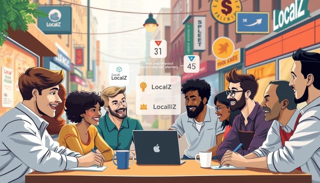 A vibrant and dynamic illustration showcasing LocalZ's support for local businesses. In the foreground, a diverse group of local business owners collaborating over a table, expressions filled with enthusiasm as they discuss revenue sharing and fundraising opportunities facilitated by LocalZ. In the middle ground, a graphic representation of the LocalZ platform, its intuitive interface and seamless integration connecting local merchants to the community. In the background, a bustling city street scene, with storefronts and signage highlighting the diverse range of local businesses thriving with LocalZ's assistance. Warm, natural lighting casts a welcoming glow, while a sense of community and mutual support permeates the entire composition.