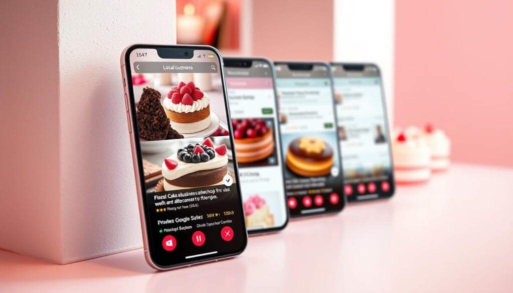 A vibrant and dynamic mobile app interface showcasing the "LocalZ" local business directory, highlighting a curated selection of the finest cake shops in the USA. The foreground features sleek icons, intuitive menus, and vivid imagery of delectable cakes, meticulously crafted to entice users. The middle ground showcases individual business listings with detailed information, reviews, and enticing visuals. The background maintains a clean, minimalist aesthetic with a soft, warm lighting scheme, creating a inviting and visually appealing atmosphere. The overall composition conveys a sense of discovery, excitement, and the promise of finding the perfect local cake shop to satisfy any sweet craving.