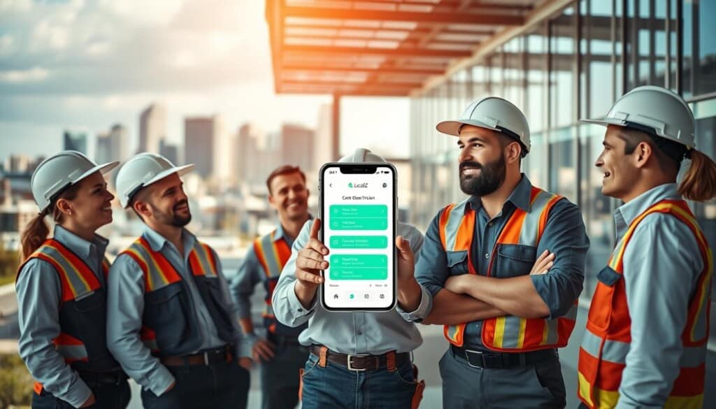 A vibrant and dynamic scene depicting the seamless connection between LocalZ and professional electricians. In the foreground, a group of electricians in crisp uniforms and safety gear, engaged in a lively discussion, their expressions conveying expertise and approachability. The middle ground showcases the LocalZ mobile app or website, its intuitive interface and user-friendly design beckoning users to effortlessly connect with the reliable service providers. In the background, a cityscape of modern buildings and infrastructure, hinting at the wide-ranging solutions the electricians can deliver. Warm, natural lighting casts a welcoming glow, and the composition is framed by a clean, minimalist aesthetic, reflecting the efficiency and trust central to the LocalZ-electrician partnership.