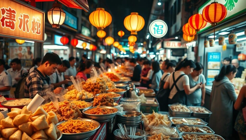A vibrant and dynamic scene of Taiwanese food culture, with a bustling night market as the focal point. In the foreground, a variety of fragrant, colorful dishes are displayed on the stalls, including steaming dumplings, sizzling stir-fries, and delicate desserts. The middle ground features the lively atmosphere, with crowds of people examining the offerings, haggling with vendors, and savoring the flavors. In the background, the warm glow of lanterns and neon signs cast a cozy, inviting ambiance, creating a sense of energy and celebration. The image is captured with a wide, cinematic lens, highlighting the depth and richness of this cultural experience, with natural lighting and a deep depth of field to draw the viewer in.