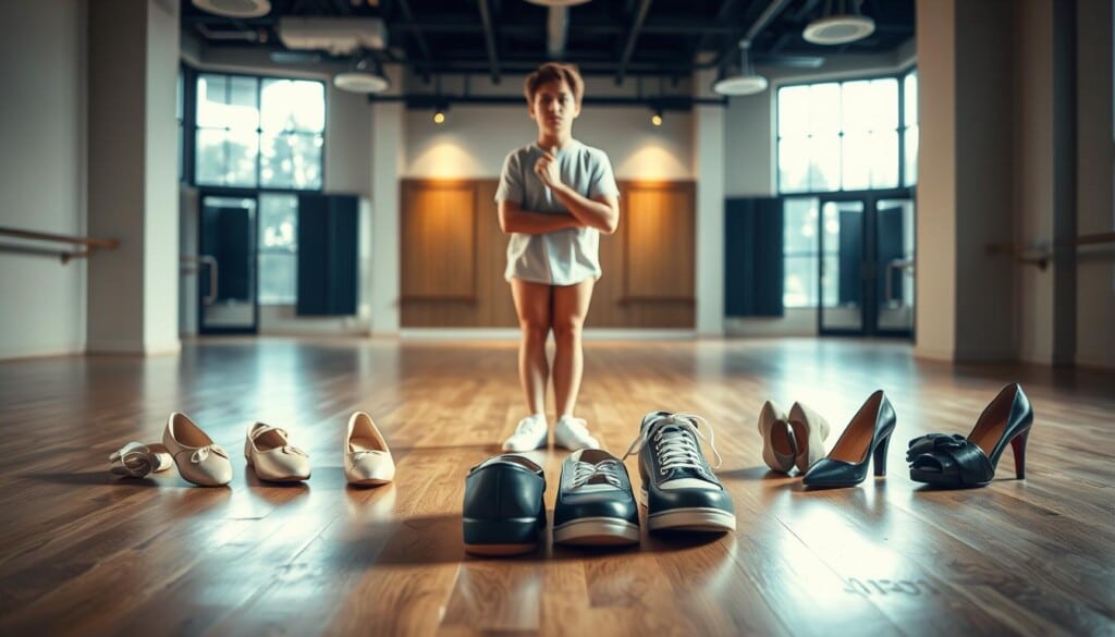 A vibrant and dynamic scene of a person standing in a dance studio, considering different dance styles laid out before them. The foreground features a variety of dance shoes - ballet slippers, tap shoes, jazz sneakers, and ballroom heels - arranged in an inviting display. The person stands in the middle ground, hand on chin, pondering their options with a thoughtful expression. The background depicts a spacious, well-lit studio with large windows, hardwood floors, and a mirrored wall, evoking a sense of inspiration and possibility. Soft, warm lighting accentuates the scene, creating a welcoming and encouraging atmosphere for the viewer to explore the various dance styles and find their perfect match.