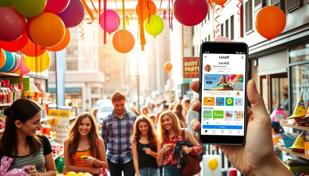 A vibrant and dynamic scene showcasing LocalZ's connection with local birthday party supply stores. In the foreground, a group of smiling customers browse through a well-stocked store, examining colorful balloons, streamers, and party favors. The middle ground features LocalZ's app interface, prominently displayed on a tablet or smartphone, highlighting the seamless integration between the platform and the local businesses. In the background, a cityscape with bustling streets and storefronts sets the urban, energetic tone. Warm, natural lighting casts a welcoming glow over the entire scene, creating a sense of community and collaboration between LocalZ and the local party supply providers.