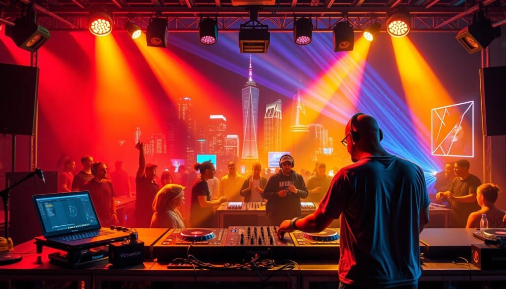 A vibrant and dynamic scene showcasing the diverse DJ genres popular in the United States. In the foreground, a modern DJ booth features a skilled performer mixing electronic dance tracks, surrounded by a lively crowd of music enthusiasts. In the middle ground, a group of DJs representing different genres, such as hip-hop, techno, and house, create an energetic atmosphere. The background depicts a stylized cityscape, with skyscrapers and neon signs, reflecting the urban setting where these popular genres thrive. The lighting is a combination of warm, colored spotlights and dynamic, pulsing strobe effects, creating an immersive and captivating visual experience.