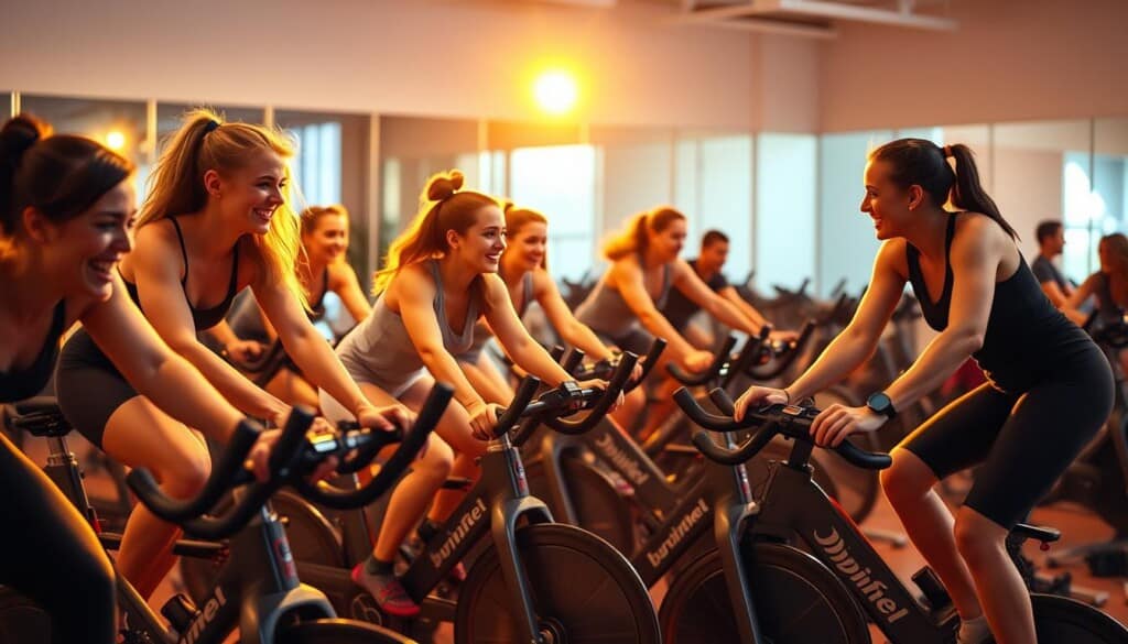 A vibrant and energetic spin class set in a modern, well-equipped fitness studio. In the foreground, a group of determined riders pedaling intently, their faces flushed with exertion. The instructor, a dynamic and motivating presence, leads the class, their form and technique exemplifying the benefits of this high-intensity cardio workout. In the middle ground, the studio is bathed in warm, golden lighting, creating a sense of energy and vitality. The background features sleek, state-of-the-art spin bikes and a mirror-lined wall, emphasizing the professional and cutting-edge nature of the facility. The overall atmosphere conveys the physical and mental health advantages of participating in a spin class, from improved cardiovascular fitness to increased endurance and stress relief.
