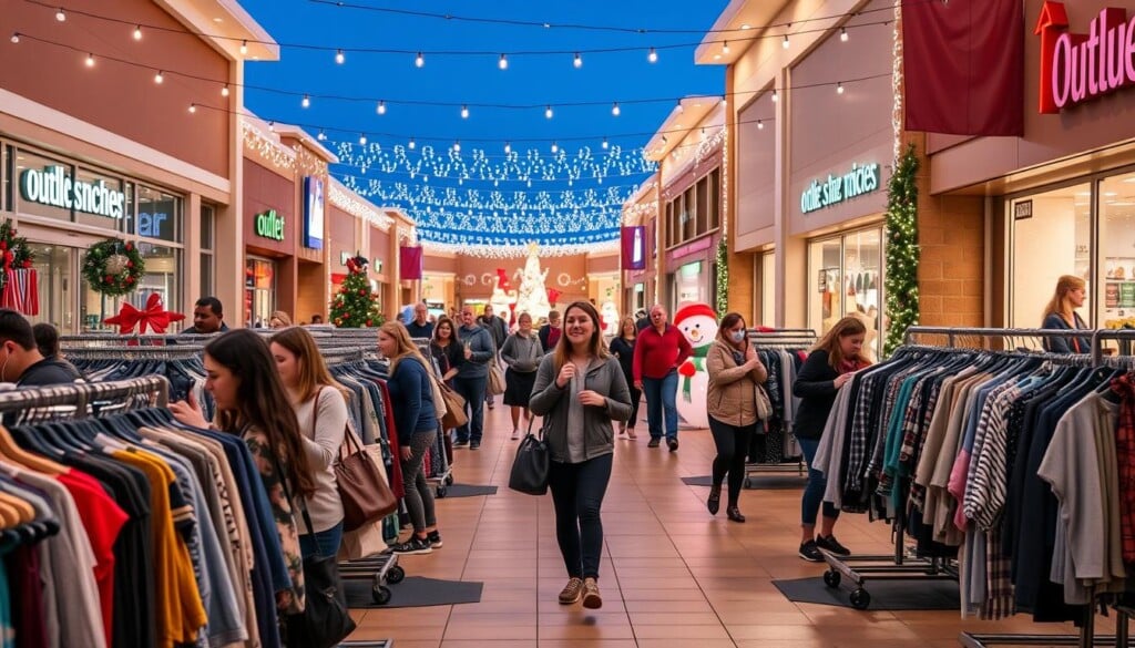 A vibrant and festive scene of an outlet mall during the seasonal sales period. In the foreground, a group of shoppers excitedly browse through racks of discounted apparel, accessories, and home goods, their faces lit by the warm glow of overhead string lights. The middle ground features a lively display of inflatable snowmen, reindeer, and other holiday decorations, casting playful shadows on the neatly paved walkways. In the background, the facades of outlet stores are adorned with twinkling lights and colorful banners, creating a sense of seasonal cheer and anticipation. The image is captured with a wide-angle lens, emphasizing the bustling energy and festive atmosphere of this annual retail event.