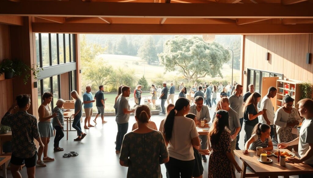 A vibrant and inclusive community hub, with a warm and welcoming atmosphere. In the foreground, a diverse group of people engaged in various activities, such as playing sports, sharing meals, or participating in art workshops. The middle ground features a modern, sustainable building with large windows, allowing natural light to flood the space. In the background, a lush, green landscape with trees and a serene outdoor area, where people gather for social events and celebrations. The lighting is soft and diffused, creating a cozy and inviting ambiance. The overall scene conveys a sense of togetherness, support, and a deep commitment to fostering a strong, connected community.