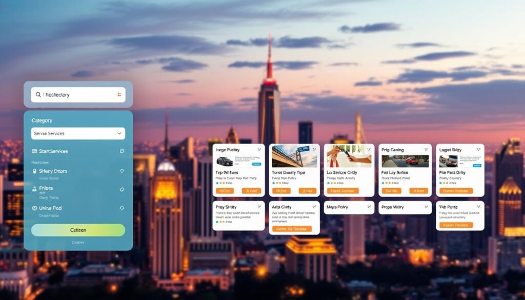 A vibrant and intuitive online directory interface, showcasing a diverse array of local service providers. In the foreground, a sleek search bar and interactive category filters allow users to effortlessly navigate and discover the perfect service for their needs. The middle ground features neatly arranged service listings, each with a captivating visual, concise description, and prominent call-to-action buttons. In the background, a dynamic city skyline sets the scene, representing the local community that the directory aims to connect. Warm lighting, a clean aesthetic, and user-friendly design elements create an inviting and trustworthy atmosphere, empowering users to quickly find and engage with the best local service providers.