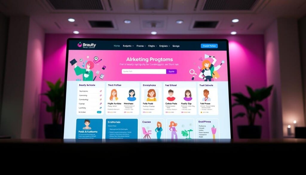 A vibrant and inviting directory interface for beauty schools, showcasing their programs and enrollment opportunities. In the foreground, a clean and sleek UI design with intuitive navigation, highlighting individual school profiles, course details, and student testimonials. The middle ground features stylized icons and illustrations representing different cosmetology disciplines, creating a visually engaging experience. The background evokes a modern, professional atmosphere with subtle lighting effects and a neutral color palette, lending an air of authority and trustworthiness to the platform. The overall impression is one of a comprehensive, user-friendly resource that empowers aspiring cosmetologists to discover and connect with the right beauty schools for their educational and career goals.