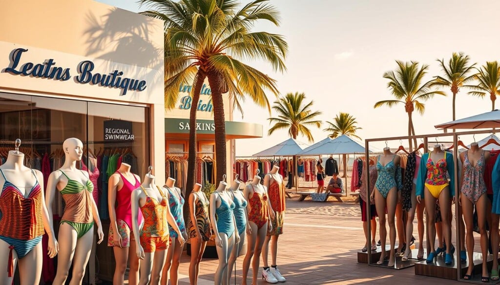 A vibrant and inviting display of regional swimwear boutiques, their storefront windows showcasing a diverse array of colorful and stylish swimsuits. The foreground features a visually striking arrangement of mannequins dressed in an array of swimwear designs, each reflecting the unique aesthetic and personality of their respective regional brands. The middle ground depicts the boutiques themselves, their facades adorned with eye-catching signage and decorative elements that evoke a sense of local charm and coastal allure. In the background, a sun-drenched beach landscape sets the tone, with palm trees swaying gently in the breeze and a warm, golden light bathing the entire scene. The overall composition conveys a welcoming, summertime atmosphere that invites the viewer to explore the diverse range of swimwear options available in different regions of the United States.