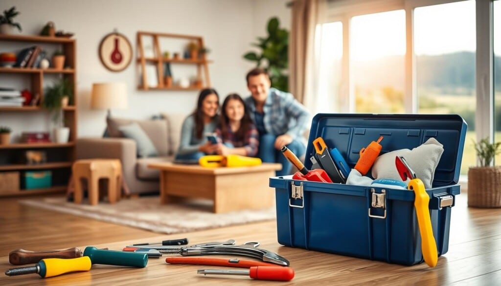 A vibrant and inviting home setting, showcasing the advantages of using LocalZ for home services. In the foreground, a well-equipped toolbox and various home improvement tools are neatly arranged, signifying the convenience and expertise of LocalZ's handyman professionals. The middle ground features a cozy living room, with a family enjoying the successful completion of a home project, their expressions radiating satisfaction. The background depicts a serene outdoor landscape, emphasizing the local nature of the service provider. The lighting is warm and inviting, creating a welcoming atmosphere. The overall composition conveys the reliability, efficiency, and personalized touch of LocalZ's home services.