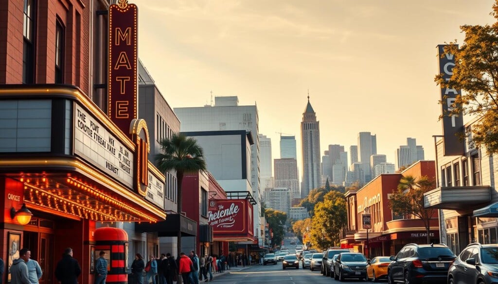 A vibrant and inviting image of local movie theatres on LocalZ. In the foreground, the grand marquee of a classic cinema, its neon lights casting a warm glow across the bustling street. Patrons excitedly line up at the box office, eager to catch the latest blockbuster. The middle ground features an array of smaller, independent theatres, each with its own unique architectural style and charm. In the background, a cityscape of towering skyscrapers and lush greenery, creating a dynamic and diverse urban landscape. The scene is bathed in soft, golden sunlight, conveying a sense of nostalgia and community. The overall atmosphere is one of excitement, entertainment, and the timeless allure of the silver screen.