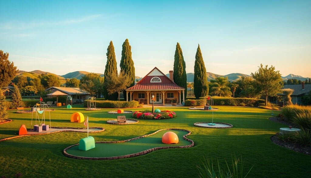 A vibrant and inviting mini golf course nestled within a lush, verdant landscape. In the foreground, a diverse array of colorful obstacles and obstacles dot the meticulously manicured putting green, inviting players to navigate the challenging but whimsical layout. The middle ground features a charming, retro-styled clubhouse with a distinctive peaked roof, complemented by a row of tall trees casting warm, golden shadows across the scene. In the background, rolling hills and a cloudless, azure sky create a serene and picturesque backdrop, evoking a sense of tranquility and outdoor adventure. Warm, diffused lighting bathes the entire composition, creating a welcoming and engaging atmosphere for mini golf enthusiasts to explore and enjoy.