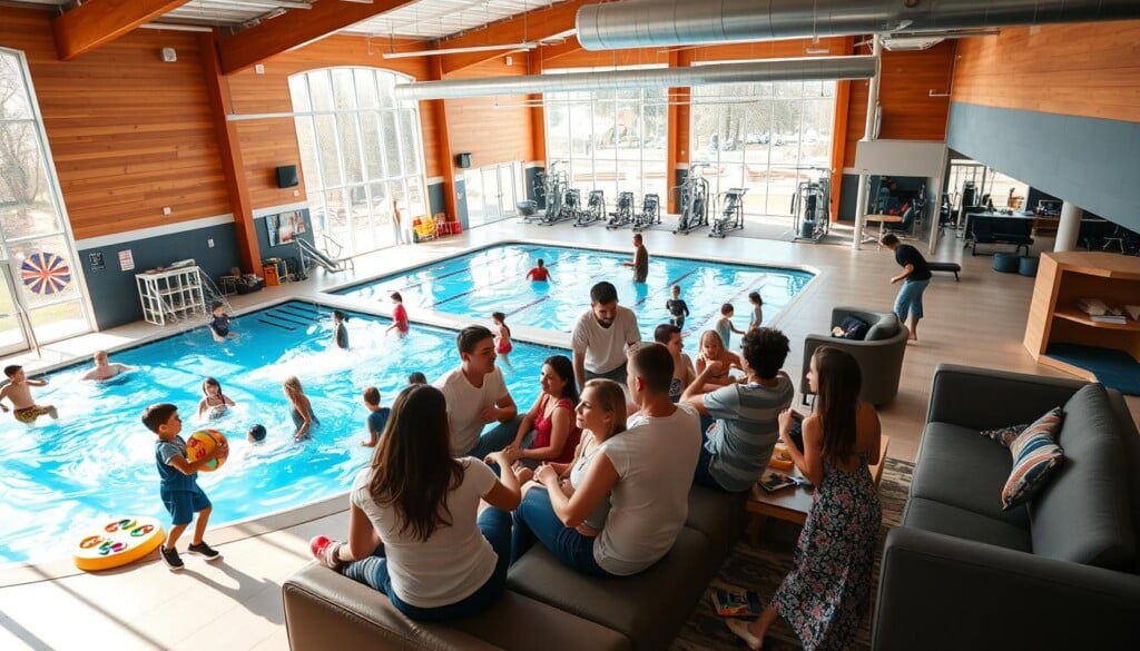 A vibrant and lively recreation center, bathed in warm natural light filtering through large windows. In the foreground, a group of families engaged in various activities - children playing on colorful play equipment, parents relaxing on comfortable seating, and teenagers participating in a friendly game of basketball. The middle ground showcases an indoor swimming pool, where families splash and swim together. In the background, a well-equipped fitness area with state-of-the-art machines and equipment, as well as a cozy lounge area with plush sofas and magazines. The overall atmosphere conveys a sense of community, togetherness, and a wide range of enjoyable, family-friendly pursuits.