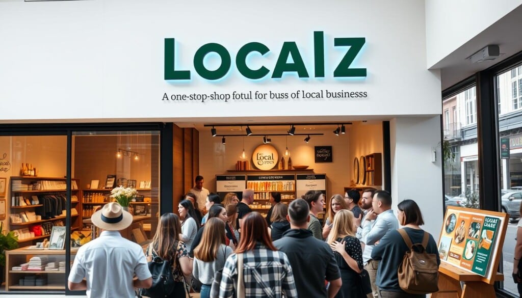 A vibrant and modern community hub showcasing the diverse offerings of LocalZ, a one-stop-shop for local businesses. The scene depicts a sleek, minimalist storefront with large windows showcasing an array of products and services. The interior exudes a warm, inviting atmosphere with natural lighting filtering through. In the foreground, a group of people engaged in animated conversations, reflecting the lively engagement and connections facilitated by LocalZ. The middle ground features displays highlighting various local enterprises, while the background subtly depicts the urban landscape, emphasizing the integration of LocalZ within the community. Captured with a wide-angle lens, the image conveys a sense of openness, accessibility, and the seamless fusion of local commerce and community.